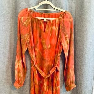 Coral and Brown abstract tie waist dress